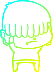 cold gradient line drawing cartoon boy with untidy hair