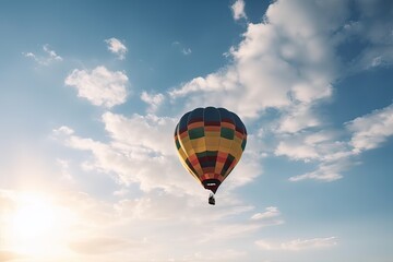 Fototapeta premium Colorful hot air balloon flying on sky at sunset. travel and air transportation concept. Generative Ai.