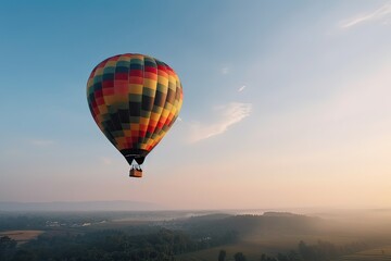 Colorful hot air balloon flying on sky at sunset. travel and air transportation concept. Generative Ai.