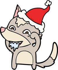 line drawing of a hungry wolf wearing santa hat