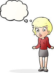 cartoon woman shrugging shoulders with thought bubble