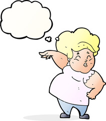 cartoon happy overweight lady with thought bubble