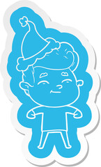 happy cartoon  sticker of a man wearing santa hat