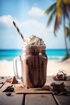 Chocolate milkshake with ice cream and with whipped cream, marshmallow, sweet popcorn, cookies, waffles, served in glass mason jar. Generative Ai.