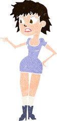 cartoon worried woman in dress pointing