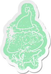 cartoon distressed sticker of a unsure elephant wearing santa hat