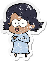 distressed sticker of a cartoon girl pouting