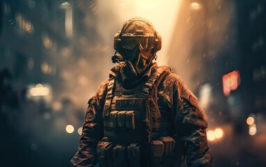 Naklejka premium Professional soldier dressed in protective uniform against fire. soldier in uniform of special forces in a dangerous military action in a dangerous enemy area. Non-existent person. Generative Ai.
