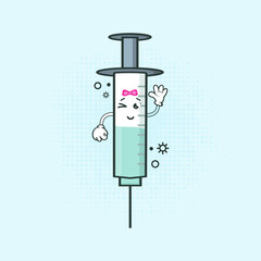 Cute Medical Injection Character Vector Illustration, A cute and friendly medical injection character designed for various medical-related purposes such as vaccination, medication, and healthcare