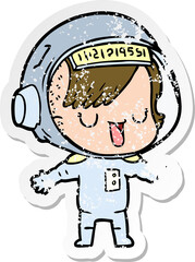 distressed sticker of a cartoon astronaut woman