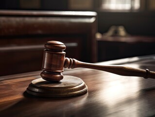 Wooden judge gavel, close-up view. Judges gavel on wooden desk. Law firm concept. Generative Ai