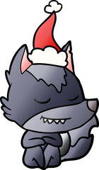 friendly gradient cartoon of a wolf sitting wearing santa hat