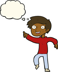 cartoon happy boy pointing with thought bubble
