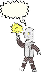 comic book speech bubble cartoon robot with light bulb