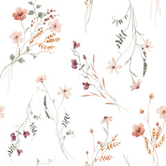 Beautiful floral seamless pattern with hand drawn watercolor wild herbs and flowers. Stock illustration. - 586628898