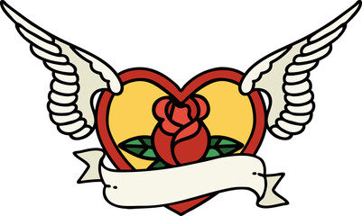 traditional tattoo of a flying heart with flowers and banner