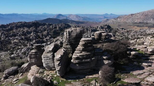 Impressive Mountain top rocks in Torcal de Antequera seen from above, aerial drone view of karstik rocks in Spain