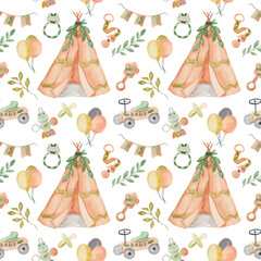 Watercolor seamless children's pattern with wigwam, retro car, baby toys, pacifier and pacifier holder, pink balloon, yellow balloon, gray balloon, green and yellow leaves