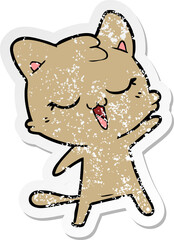 distressed sticker of a happy cartoon cat