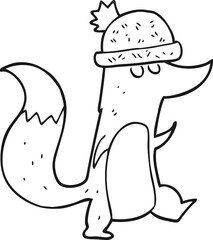 black and white cartoon little wolf wearing hat
