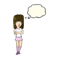 cartoon girl with crossed arms with thought bubble