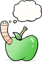 cartoon apple with worm with thought bubble