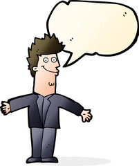 cartoon happy man with open arms with speech bubble