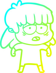 cold gradient line drawing cartoon tired woman