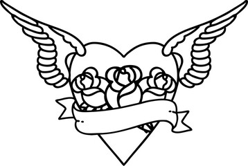 black line tattoo of a heart with wings flowers and banner