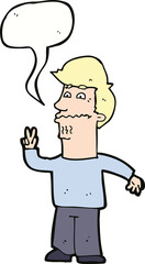 cartoon man giving peace sign with speech bubble
