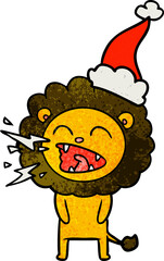 textured cartoon of a roaring lion wearing santa hat