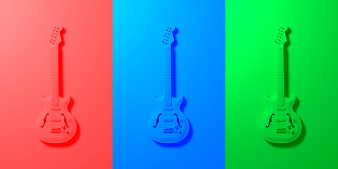 Guitar in background color. Musical instrument in three colors. Electric guitar. 3d render illustration mock up.