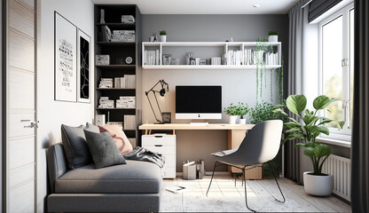 Modern Minimalist Apartment Living Room/Home Office Interior Scene