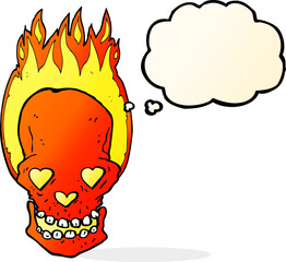 cartoon flaming skull with love heart eyes with thought bubble