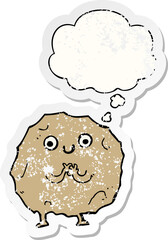 cartoon rock character and thought bubble as a distressed worn sticker