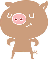 happy flat color style cartoon pig