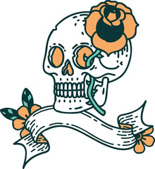 tattoo with banner of a skull and rose