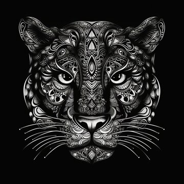 Jaguar / Panther Head in Ornament Decoration Vintage Style - Monochrome - Isolated - Generative Ai Illustration 