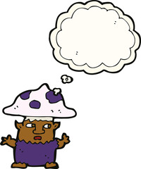 cartoon little mushroom man with thought bubble