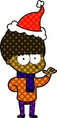 nervous comic book style illustration of a boy wearing santa hat