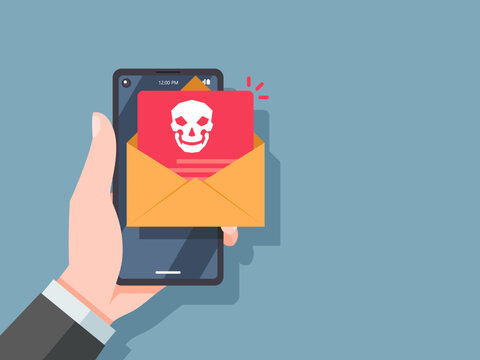 Thief Hacker attacks a smartphone by email. Fraud scam virus and steal private data on mobile devices businessman hand. Vector illustration flat design for cyber security awareness concept.