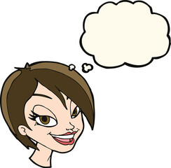 cartoon pretty female face with thought bubble