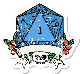 natural one d20 dice roll grunge sticker