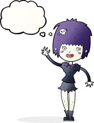cartoon waving vampire girl with thought bubble