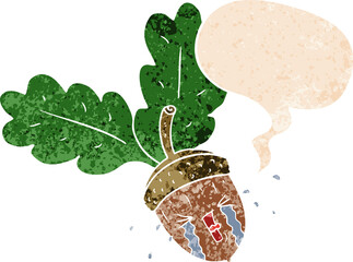 cartoon crying acorn and speech bubble in retro textured style © lineartestpilot