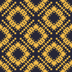 Vector geometric seamless pattern. Abstract ethnic texture with ornamental flower silhouettes, squares. Yellow and black color. Tribal ethnic motif. Folk style background. Repeat decorative design