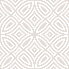 Fototapeta premium Vector geometric seamless pattern. Abstract linear ornamental texture with curved shapes, lines, flower silhouettes, leaves, repeat tiles. Beige and white background. Subtle design for decor, print