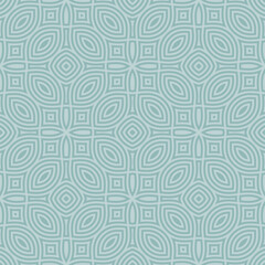 Vector geometric seamless pattern. Abstract linear ornamental texture with curved shapes, lines, flower silhouettes, leaves, repeat tiles. Soft blue color background. Repeat decorative geo design