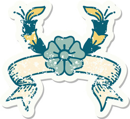 grunge sticker with banner of a decorative flower