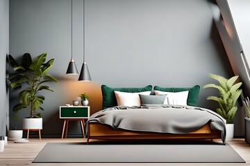 Bed Between Ladder and Plant in Green Boho Bedroom Interior with Grey Carpet under Lamps
